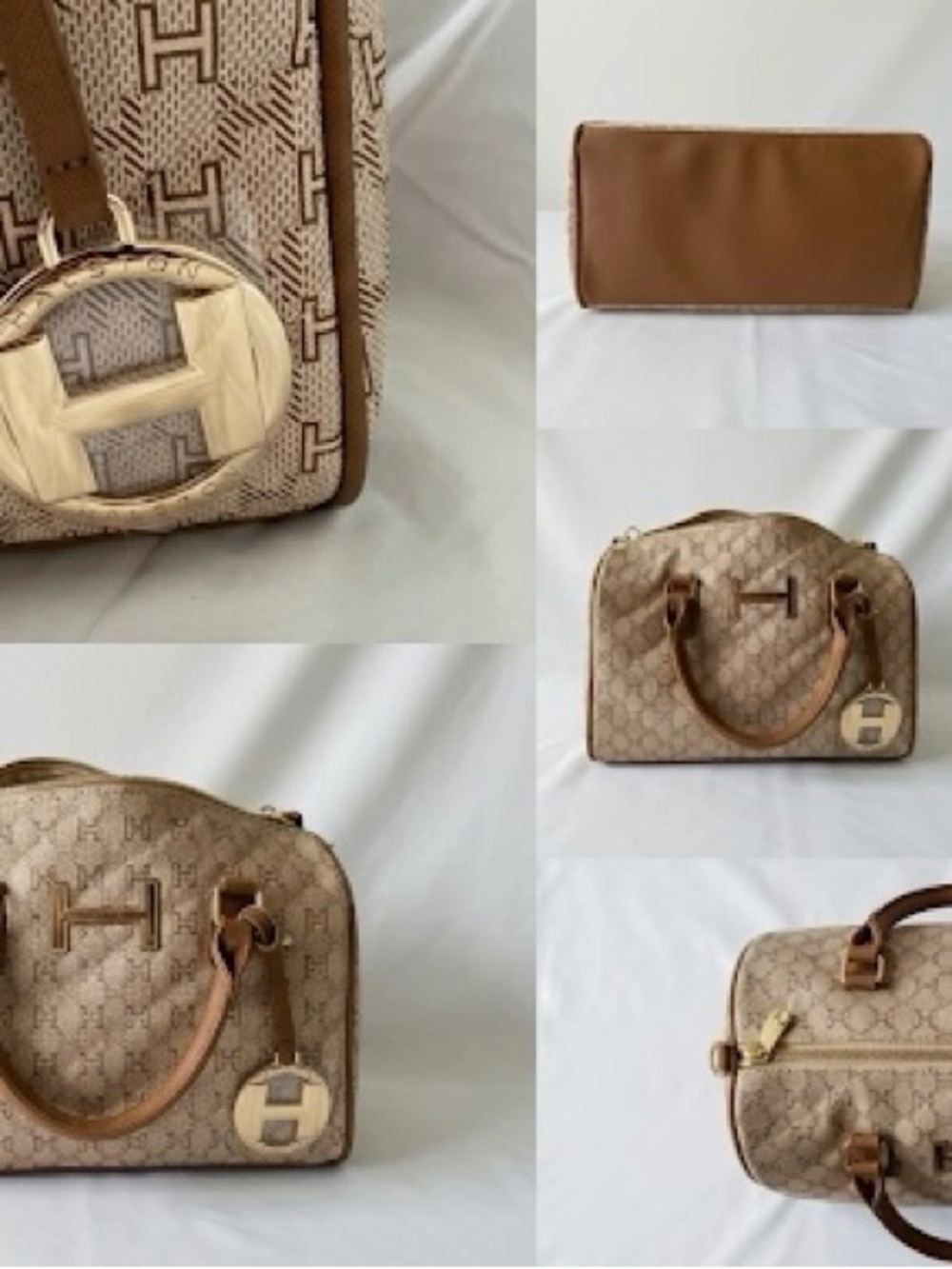 Halston Beige Tan Monogrammed Satchel Cosmetic Bag